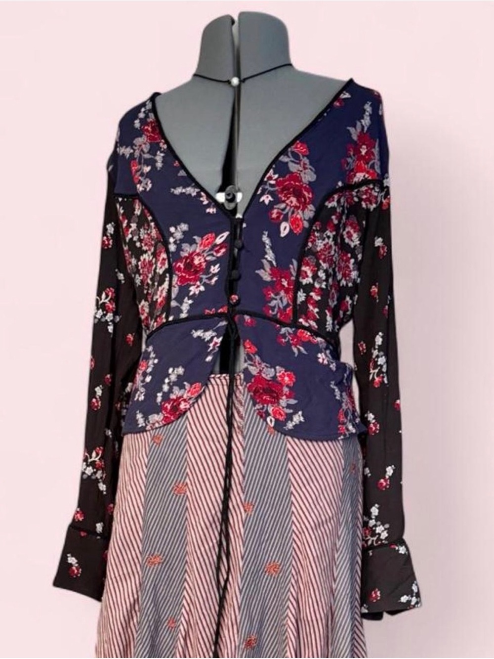 Free People floral paneled black and navy top with red flowers size S